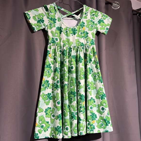 Girls Care Bear Lucky St Patrick’s Day 4 leaf clover cross back twirl dress - Picture 2 of 5